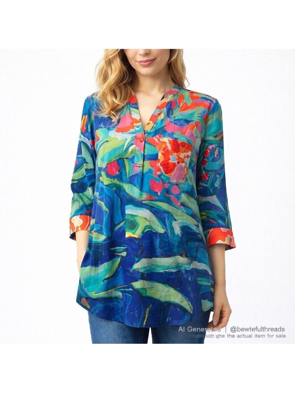 Claire Desjardins M Multicolor Art Print Tunic Top Blouse